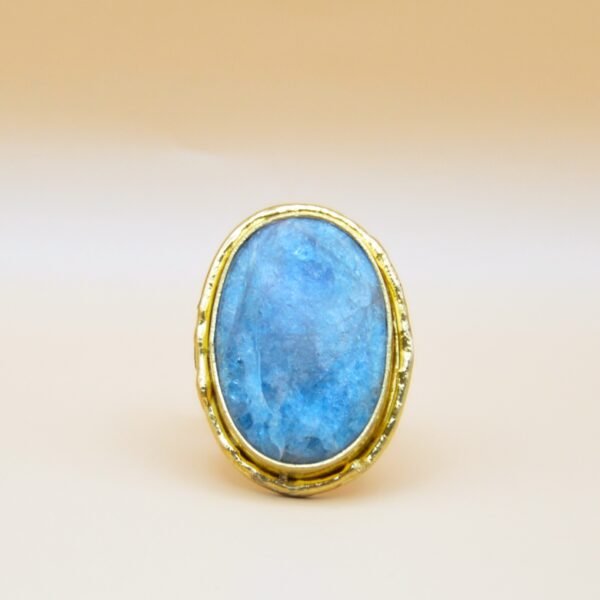 Bague Apatite en laiton doré à l'or fin 18 carats. Cette bague évoque le mystère et la fascination. En son cœur réside un magnifique cabochon d'apatite, une pierre qui incarne la profondeur et la clarté. La bague ajustable offre un confort parfait à votre doigt, tout en ajoutant une touche d'élégance à votre style. L'apatite, avec ses nuances captivantes de bleu, semble renfermer les secrets d'un univers inexploré. Dimensions : 3.5 x 2.5 cm. Poids : 18.4g. Bijou seul, Crédit GEMITY