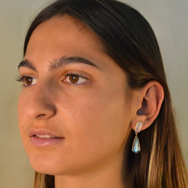 Magnifiques boucles d'oreilles articulées plaquées or 3 microns Terry. Ces créations raffinées mettent en valeur une pierre moonstone et une labradorite, offrant une touche de sophistication à chaque mouvement. Bijou porté, Crédit GEMITY.