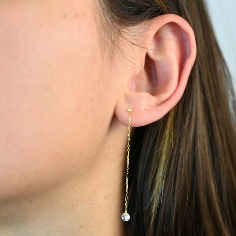"Boucles d'oreilles en plaqué or avec un zirconium. Vendues par paire. . Bijou porté, Crédit GEMITY."