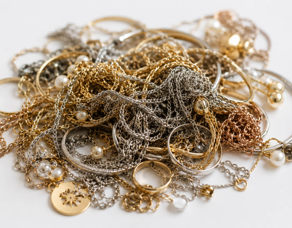 Colliers, bagues et bracelets emmêlés illustrant comment ne pas ranger ses bijoux