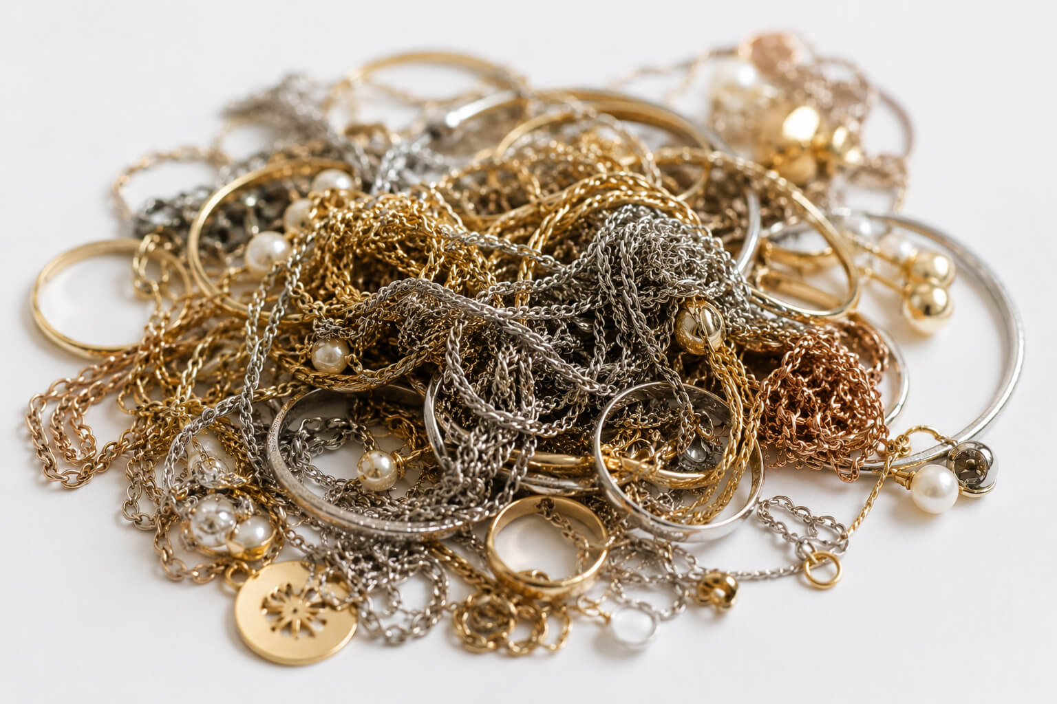 Colliers, bagues et bracelets emmêlés illustrant comment ne pas ranger ses bijoux